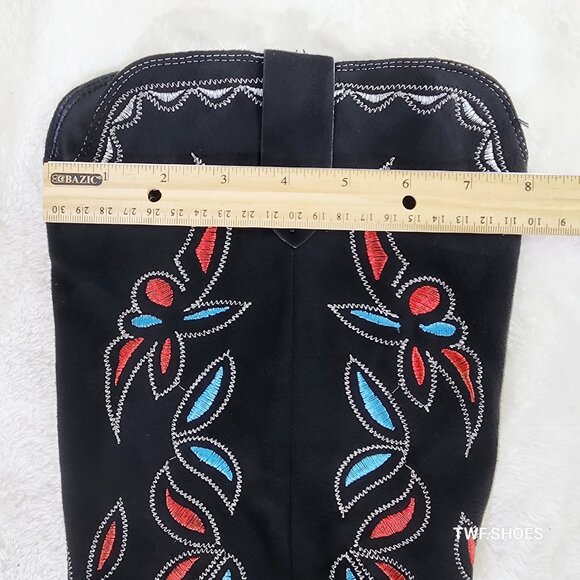 Size 10 Black Faux Suede Western Cowgirl Knee Boots Colorful Embroidered Design - Picture 9 of 10